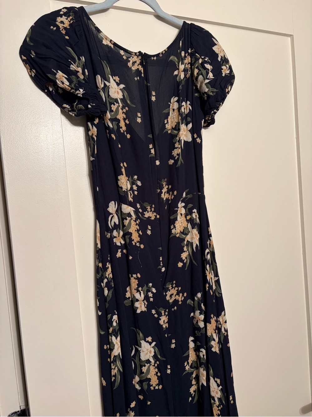 Reformation Navy Floral Puff-Sleeve Maxi Dress